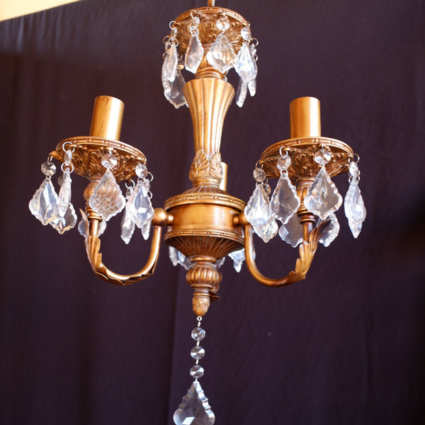 New French Style 3 Arm Cut Glass Crystal Gold Chandelier Pendant Ceiling Light