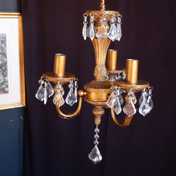 New French Style 3 Arm Cut Glass Crystal Gold Chandelier Pendant Ceiling Light