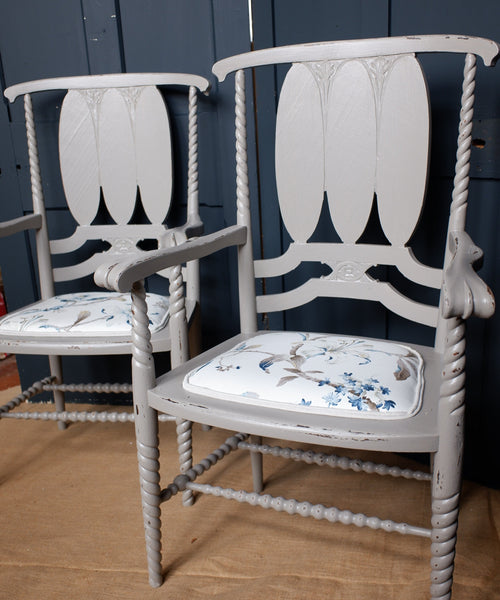 Pair of Antique FRENCH LOUIS Shabby Chic Painted Grey Floral LINEN Hall Boudoir Chair