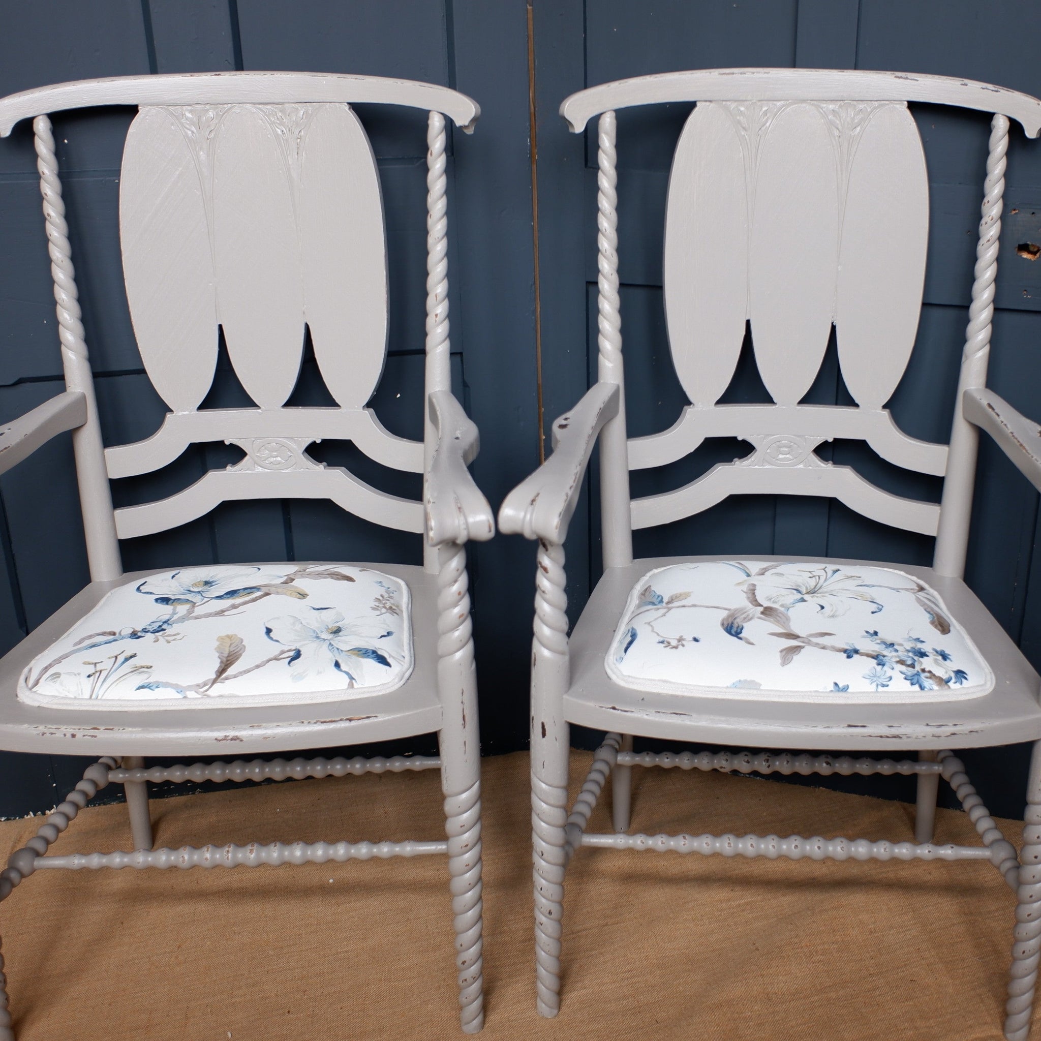 Pair of Antique FRENCH LOUIS Shabby Chic Painted Grey Floral LINEN Hall Boudoir Chair