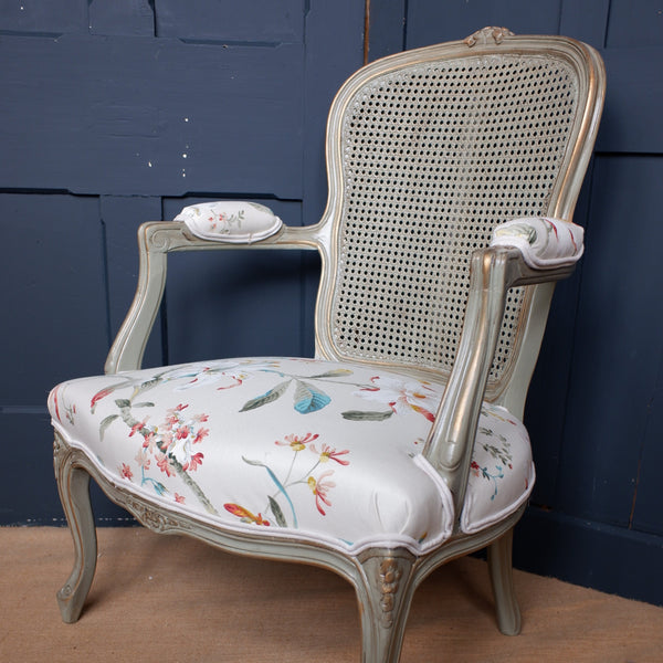 Vintage FRENCH Style Shabby Chic Painted Green & Gold LINEN Bergere Armchair