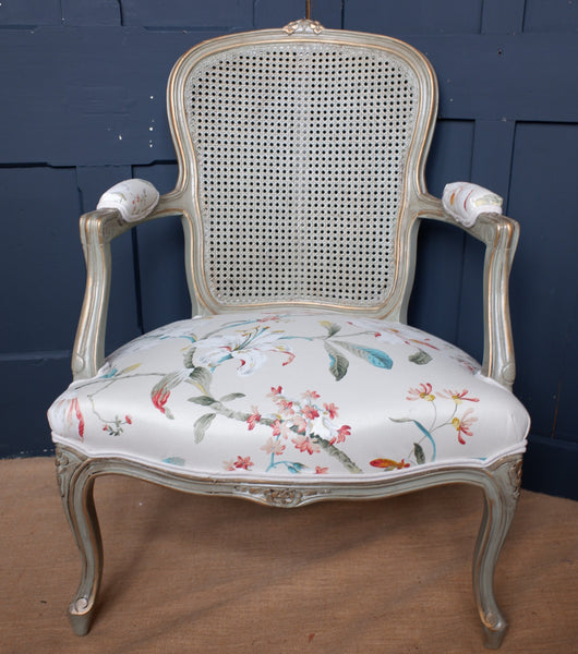 Vintage FRENCH Style Shabby Chic Painted Green & Gold LINEN Bergere Armchair