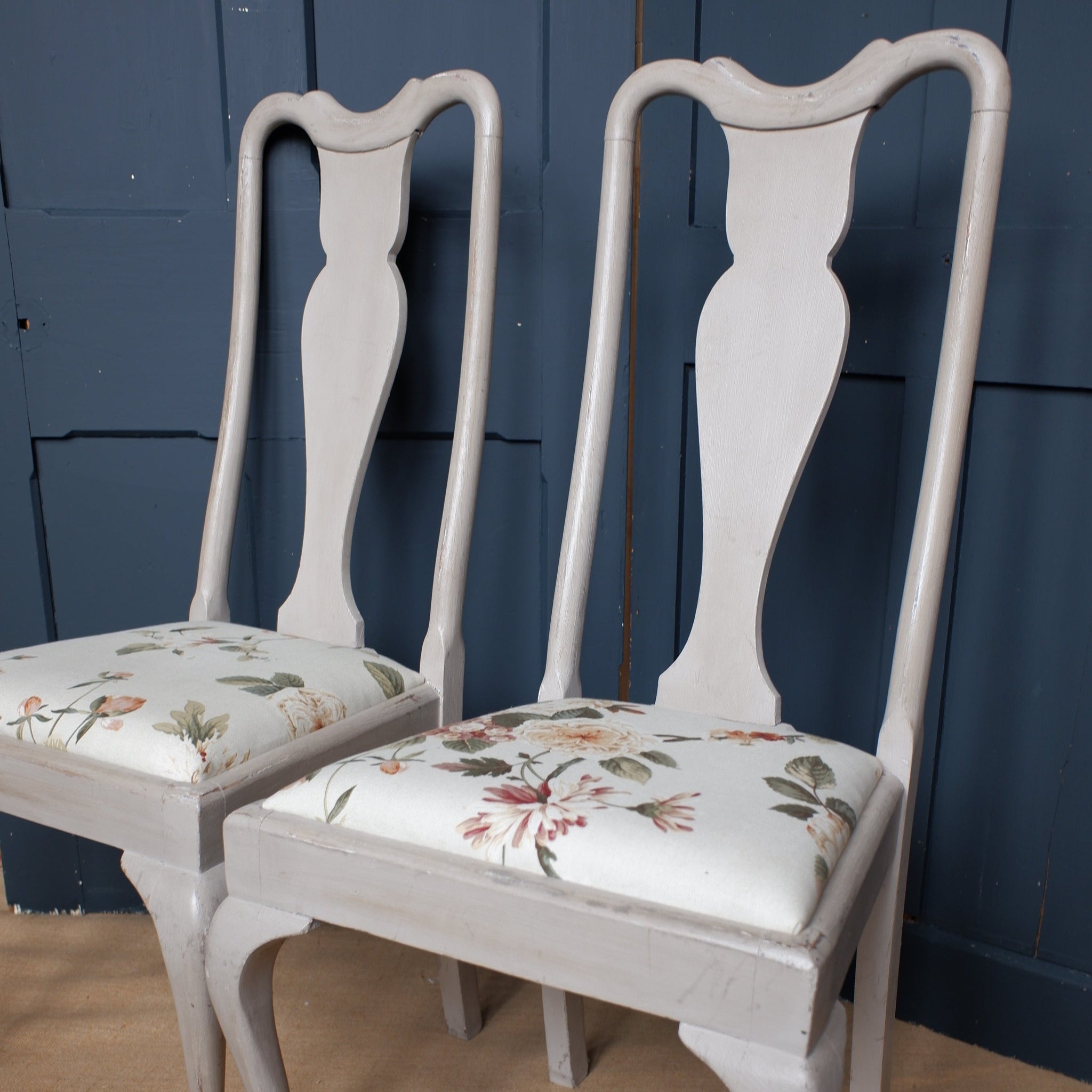 Pair of VINTAGE Shabby Chic Queen Anne French Grey Painted Dining Hall Chairs