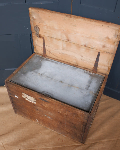 Antique PINE Wood Box Storage Shipping Trunk Chest with Zinc Liner