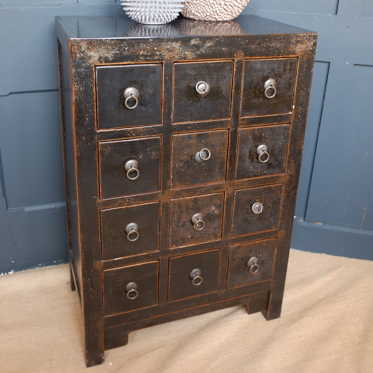 New Vintage Rustic Distressed BLACK Chest of 12 Drawers TSANG Sideboar ...