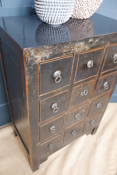 New Vintage Rustic Distressed BLACK Chest of 12 Drawers TSANG Sideboard Cabinet