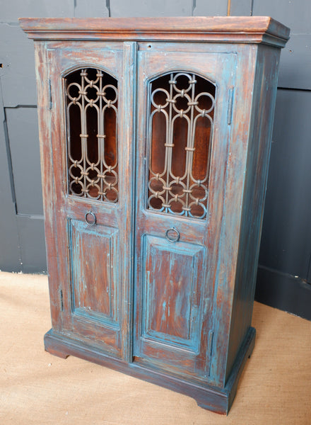 Indian Solid Hardwood Vintage Teal Blue Painted Rustic Cabinet Cupboard Sideboard Unit
