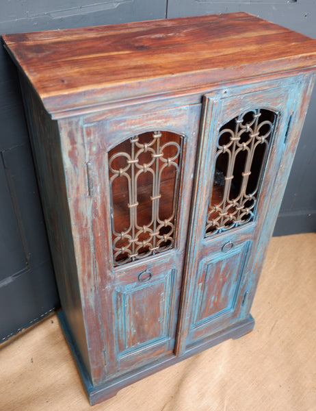 Indian Solid Hardwood Vintage Teal Blue Painted Rustic Cabinet Cupboard Sideboard Unit