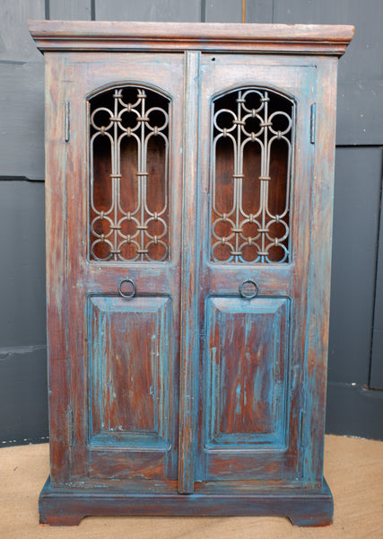 Indian Solid Hardwood Vintage Teal Blue Painted Rustic Cabinet Cupboard Sideboard Unit