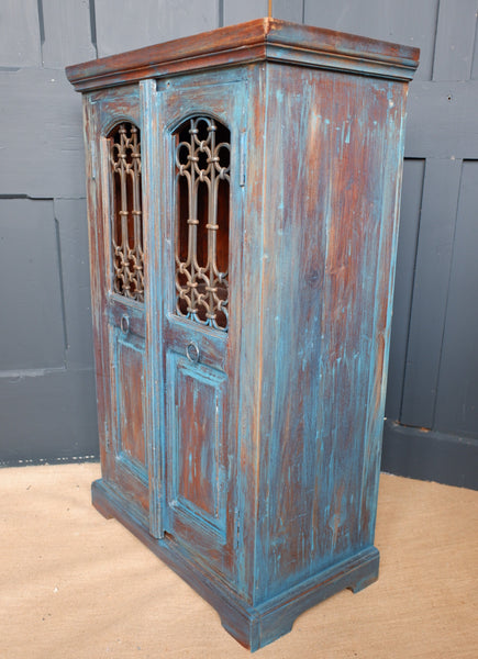 Indian Solid Hardwood Vintage Teal Blue Painted Rustic Cabinet Cupboard Sideboard Unit