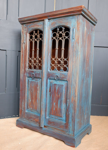 Indian Solid Hardwood Vintage Teal Blue Painted Rustic Cabinet Cupboard Sideboard Unit