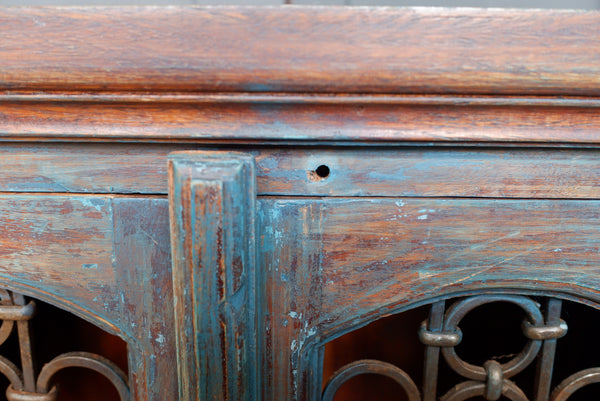 Indian Solid Hardwood Vintage Teal Blue Painted Rustic Cabinet Cupboard Sideboard Unit