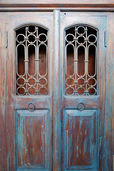 Indian Solid Hardwood Vintage Teal Blue Painted Rustic Cabinet Cupboard Sideboard Unit