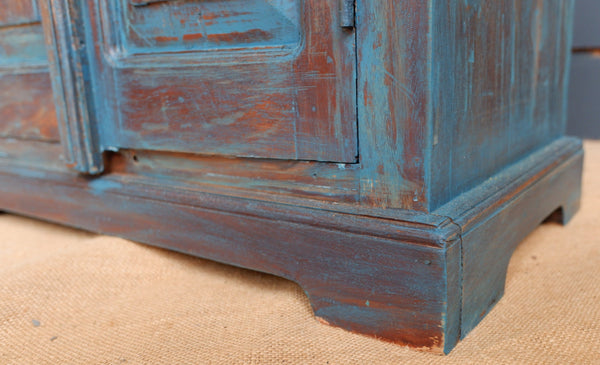Indian Solid Hardwood Vintage Teal Blue Painted Rustic Cabinet Cupboard Sideboard Unit