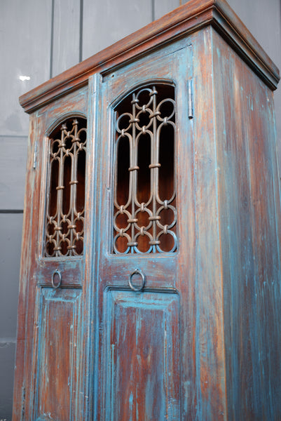 Indian Solid Hardwood Vintage Teal Blue Painted Rustic Cabinet Cupboard Sideboard Unit