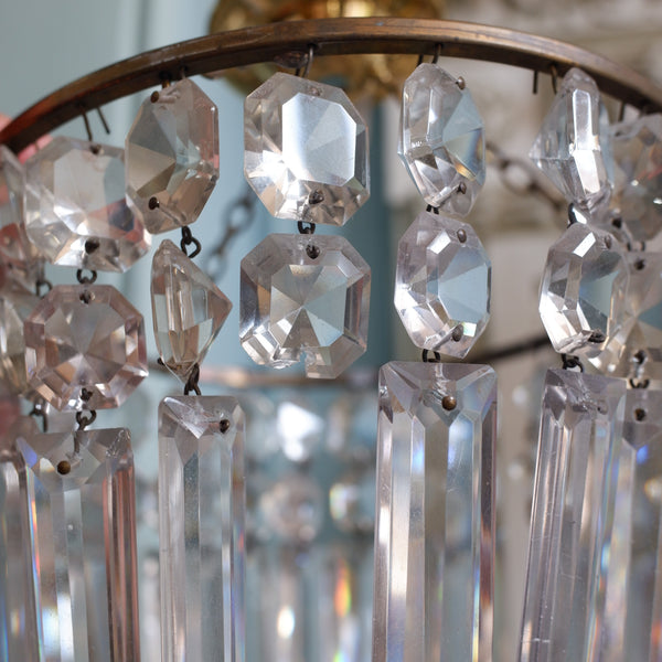 Antique French LEAD Crystal Glass Bag Chandelier Brass Pendant Ceiling Light