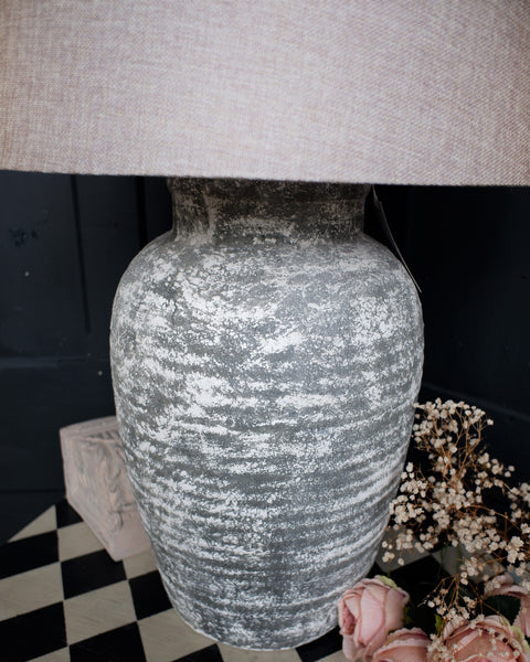 New Shabby Chic Rustic Aged Stone Tall Table Lamp with Natural LINEN Shade