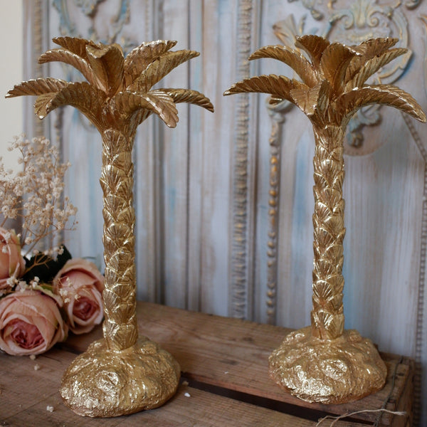 New French Shabby Chic Tall Gold PALM TREE Candlestick Candle Holder