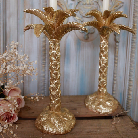 New French Shabby Chic Tall Gold PALM TREE Candlestick Candle Holder