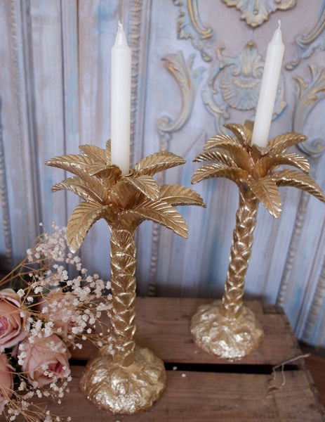 New French Shabby Chic Tall Gold PALM TREE Candlestick Candle Holder