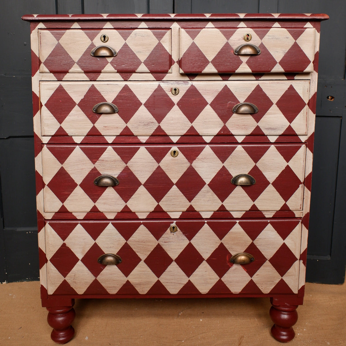 Antique Victorian Red & Cream Painted Checker Board Rustic Chest of ...