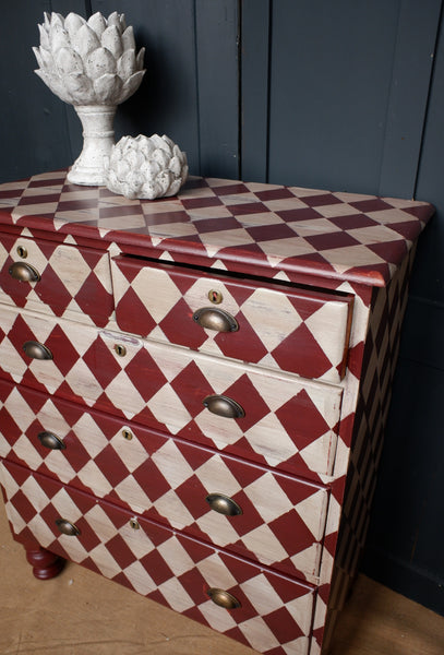 Antique Victorian Red & Cream Painted Checker Board Rustic Chest of 5 Drawers