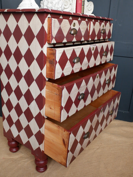 Antique Victorian Red & Cream Painted Checker Board Rustic Chest of 5 Drawers