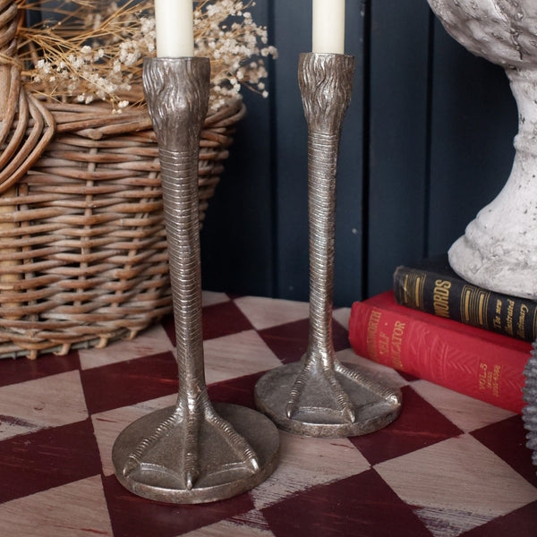 New Pair of Vintage French Shabby Chic Silver BIRD Legs Feet Candle Stick Holder