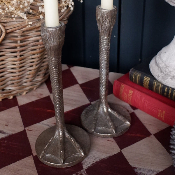 New Pair of Vintage French Shabby Chic Silver BIRD Legs Feet Candle Stick Holder