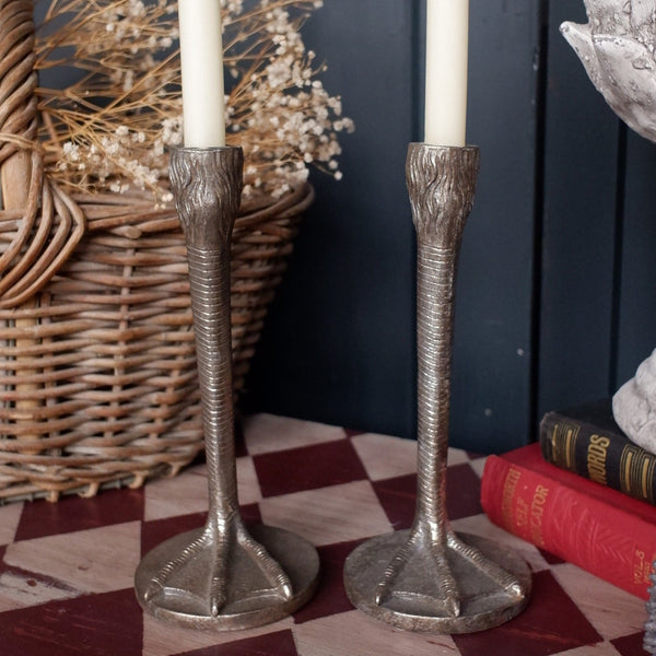 New Pair of Vintage French Shabby Chic Silver BIRD Legs Feet Candle Stick Holder