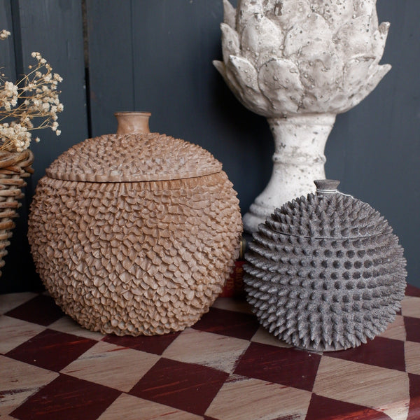 Textured Acanthosphere Grey - Astreopora Bark Bulbous Pot Jar Vase Urn Ornament w/Lid - 2 Sizes