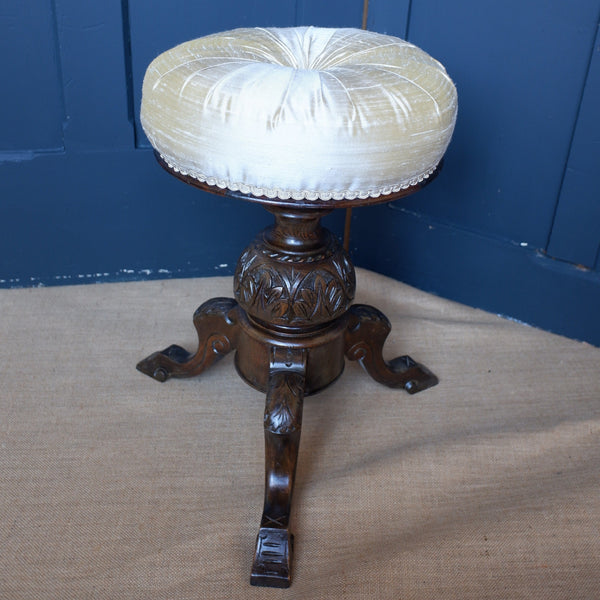 Antique Victorian CREAM SILK Round Adjustable Piano Dressing Table STOOL