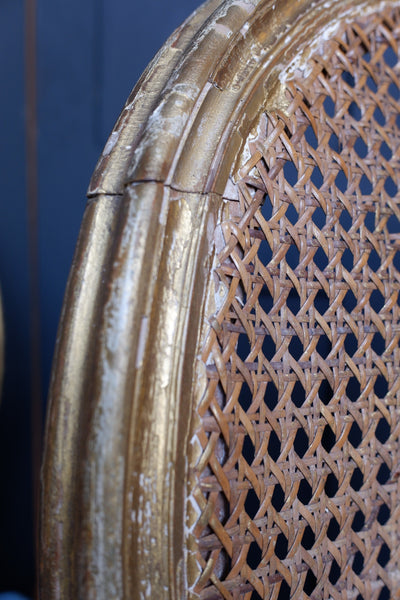 Pair of Antique FRENCH Louis GOLD Gilt Cane Shabby Chic Hall Boudoir Side Chairs