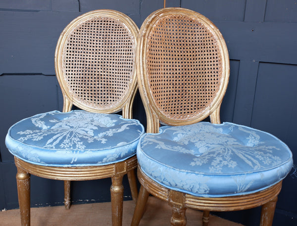 Pair of Antique FRENCH Louis GOLD Gilt Cane Shabby Chic Hall Boudoir Side Chairs