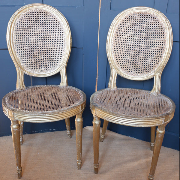 Pair of Antique FRENCH Louis GOLD Gilt Cane Shabby Chic Hall Boudoir Side Chairs