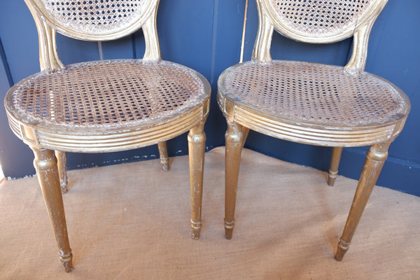Pair of Antique FRENCH Louis GOLD Gilt Cane Shabby Chic Hall Boudoir Side Chairs