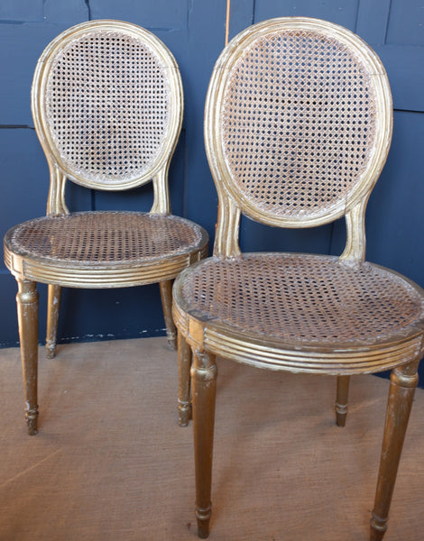 Pair of Antique FRENCH Louis GOLD Gilt Cane Shabby Chic Hall Boudoir Side Chairs