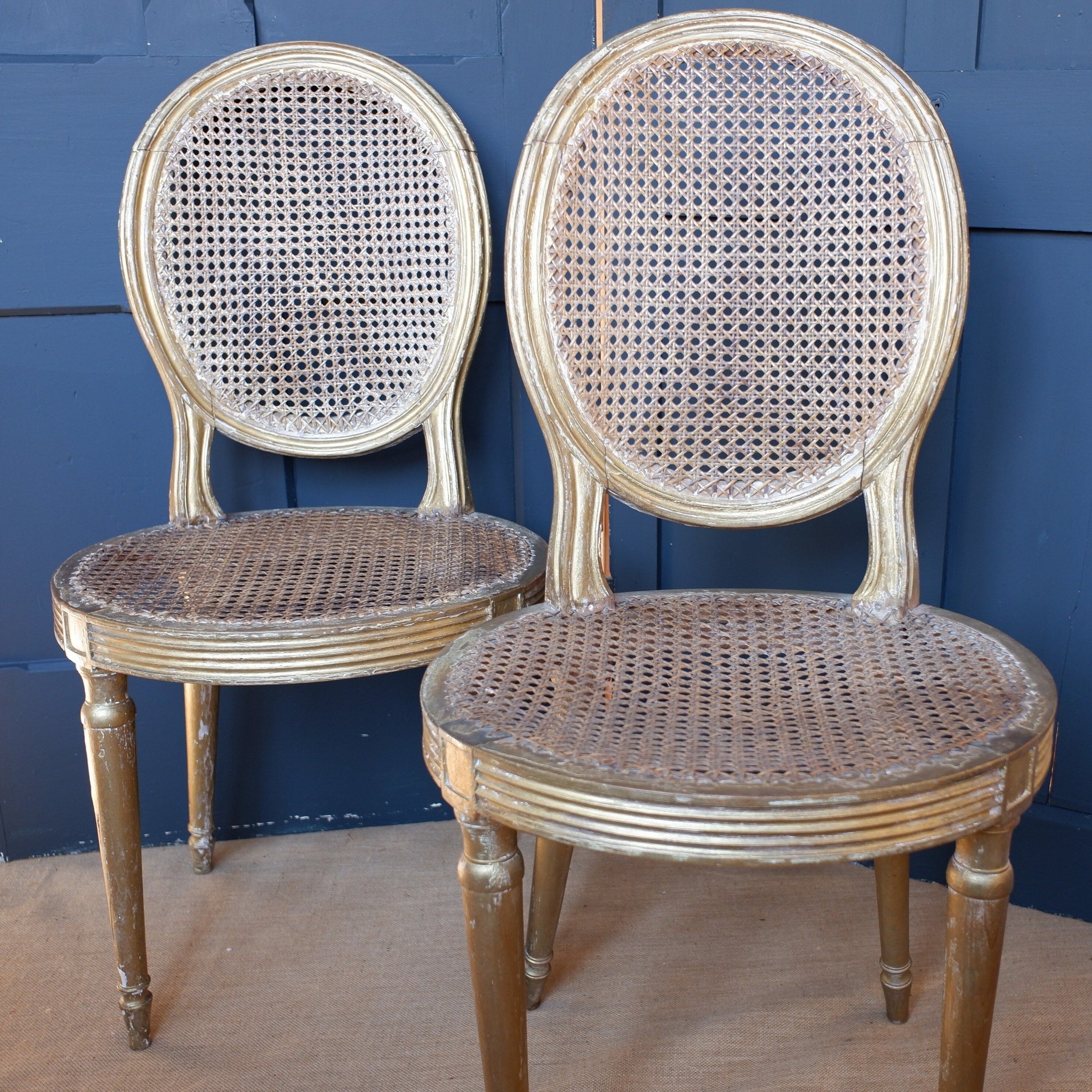 Pair of Antique FRENCH Louis GOLD Gilt Cane Shabby Chic Hall Boudoir Side Chairs