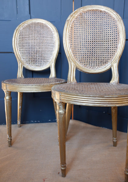 Pair of Antique FRENCH Louis GOLD Gilt Cane Shabby Chic Hall Boudoir Side Chairs