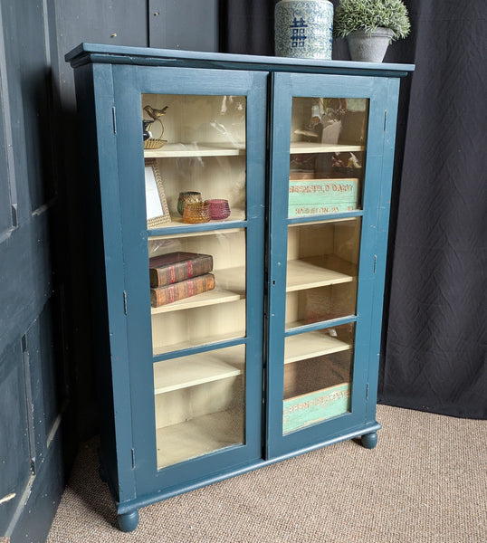 Antique Mahogany BLUE Shabby Chic Display China APOTHECARY Cabinet Cupboard Unit