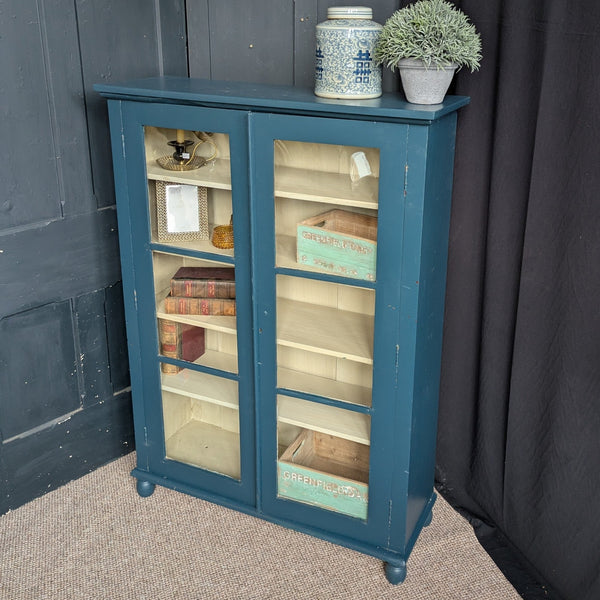 Antique Mahogany BLUE Shabby Chic Display China APOTHECARY Cabinet Cupboard Unit