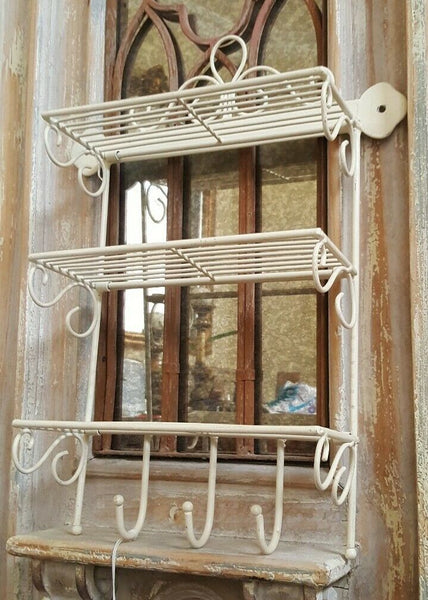 New CREAM Shabby Chic French Vintage RETRO Metal Wire 3 Shelf Kitchen Storage Wall Rack Hooks