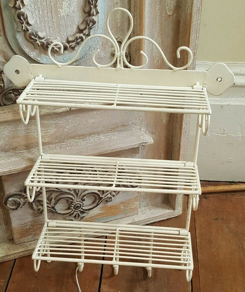 New CREAM Shabby Chic French Vintage RETRO Metal Wire 3 Shelf Kitchen Storage Wall Rack Hooks