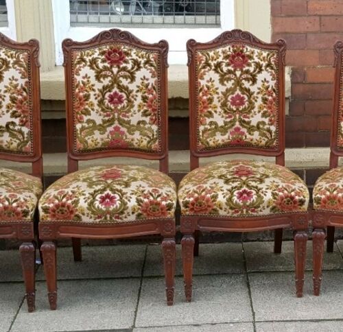Set of 6 Antique Vintage Shabby Chic French LOUIS WALNUT Carved Dining Chairs