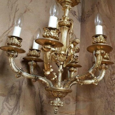 Antique Vintage FRENCH Gilt Gold BRONZE 6 Arm Ornate Ceiling Light Chandelier Lighting