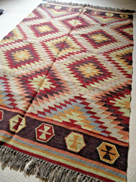 New 140x200cm INDIAN KILIM KELIM Wool Aztec Design HAND WOVEN Carpet Rug Runner