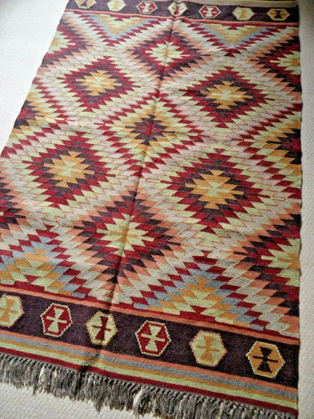 New 140x200cm INDIAN KILIM KELIM Wool Aztec Design HAND WOVEN Carpet Rug Runner