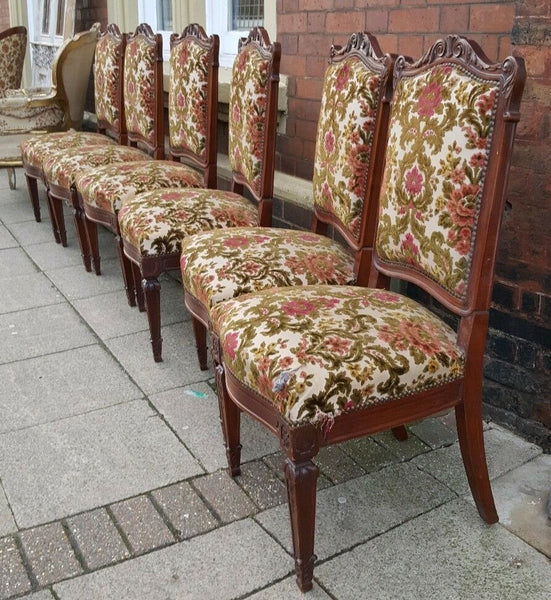 Set of 6 Antique Vintage Shabby Chic French LOUIS WALNUT Carved Dining Chairs