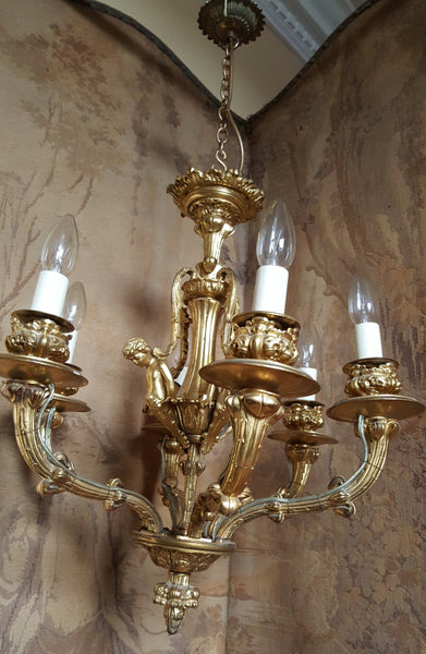 Antique Vintage FRENCH Gilt Gold BRONZE 6 Arm Ornate Ceiling Light Chandelier Lighting