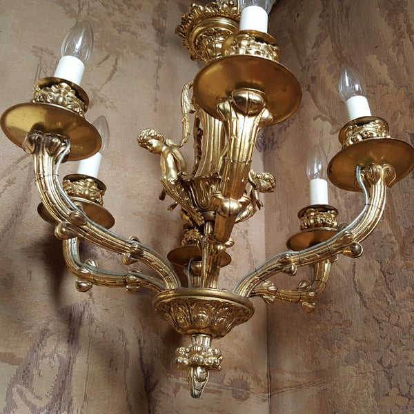 Antique Vintage FRENCH Gilt Gold BRONZE 6 Arm Ornate Ceiling Light Chandelier Lighting